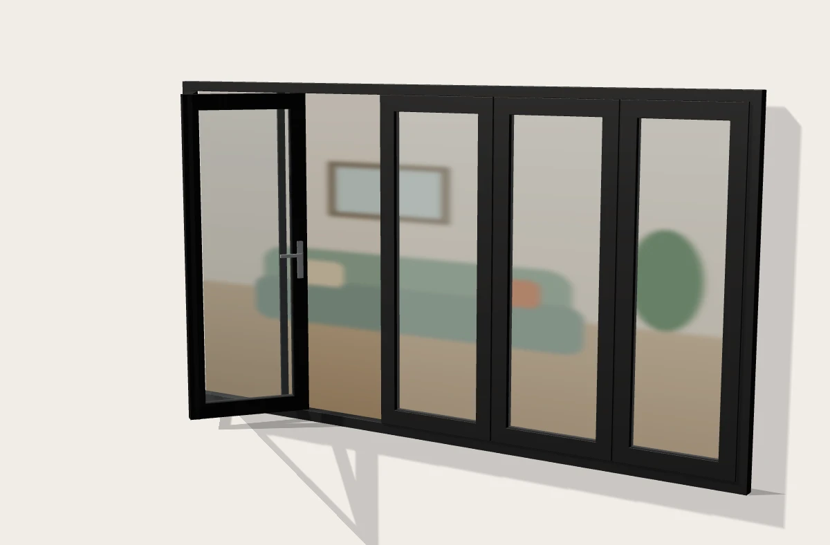 Black aluminium bi-fold doors partly folded open