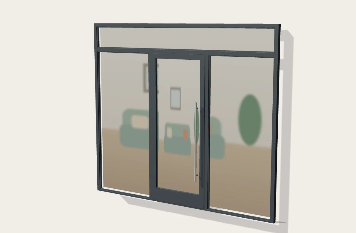 Aluminium shop front with a glazed entrance door, side screens and a fanlight