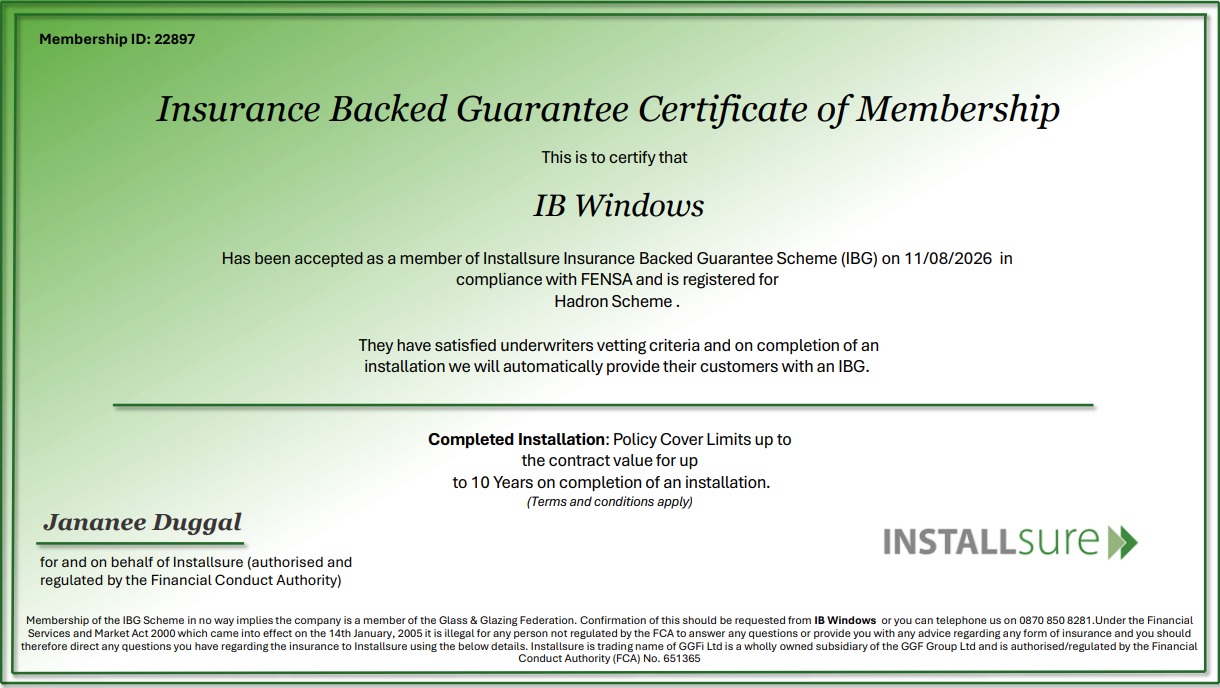 Installsure Insurance Backed Guarantee certificate of membership for IB Windows, membership ID 22897